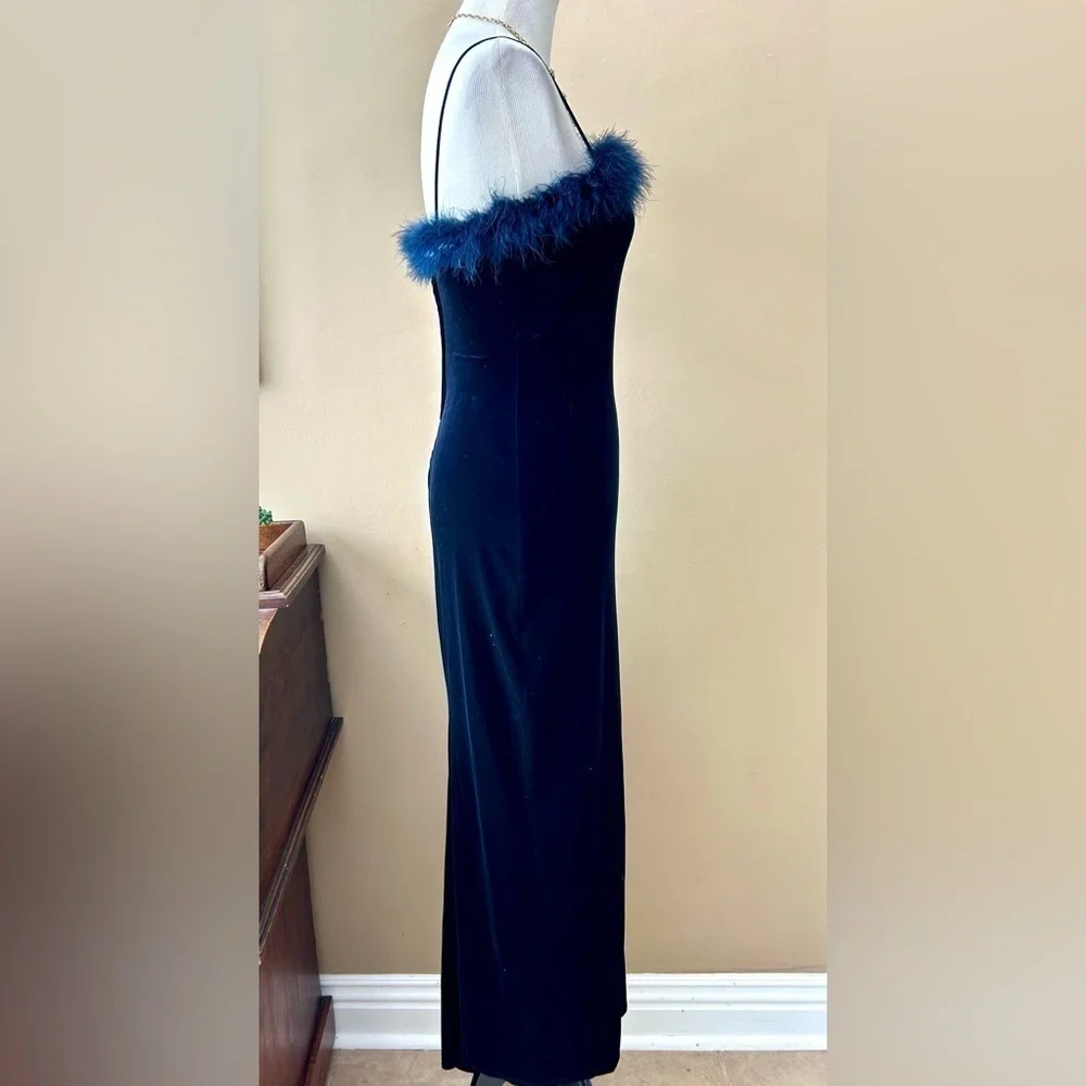 Vintage 90s Y2K Roberta Velvet Maxi Dress Gown Marabou Feather Trim Navy Blue M